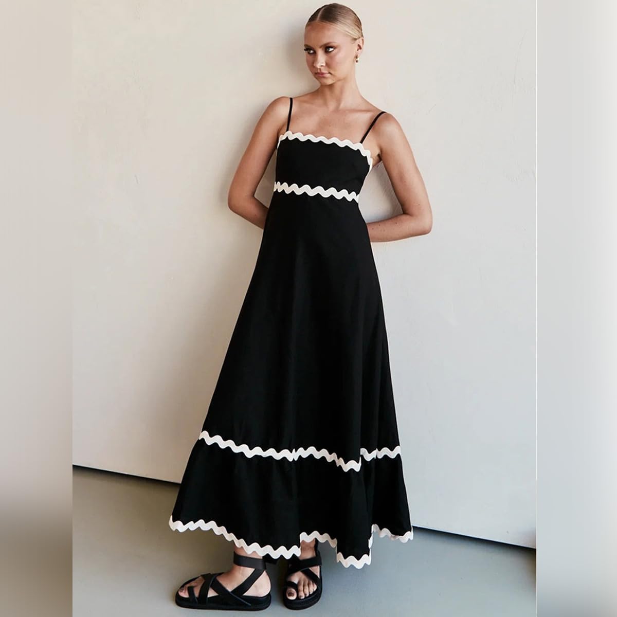 OBEEII Women Summer Dresses 2024 Vacation Boho Spaghetti Strap Backless Smocked Rickrack Trim Flowy A-line Maxi Sundress - Image 2