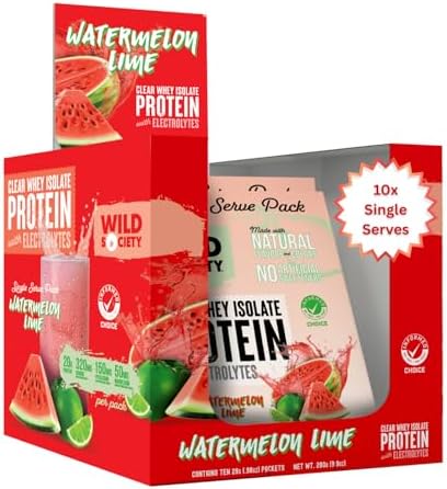 WILD SOCIETY – Clear Whey Protein + Electrolytes – Refreshing Whey Protein Isolate Powder – 20g Protein, 0 Sugar, No GMO, Natural Flavors,Colors – Travel Pack – 10x Singe Serves – Watermelon Lime