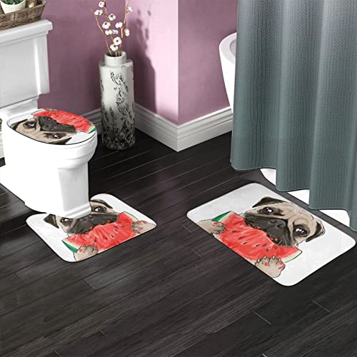 DIRYKILP Badematte + Konturmatte + Toilettendeckelbezug, Mops Eats Wassermelone 3 Stück Badematten Set, mit rutschfester Klebeunterseite – Bild 3