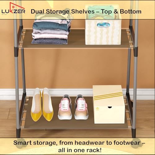 Image of Lukzer A-Shape MGR-010 /Grey Garment Rack with 2 Bottom Shelves | Multipurpose Coat Hanger & Clothes Organizer Stand | Space Saving Clothing Display for Bedroom, Entryway, Living Room (160x55x42cm)