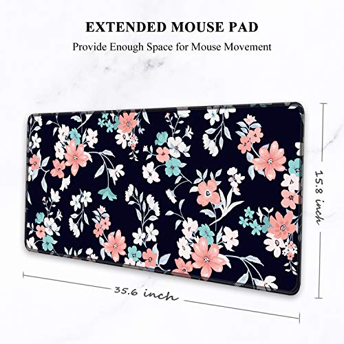 Image of Auhoahsil Large Mouse Pad, Full Desk XXL Extended Gaming Mouse Pad 35 inch X 15 inch, Waterproof Desktop Mat with Stitched Edge, Non-Slip Laptop Computer Keyboard Mousepad for Office & Home, Floral Design