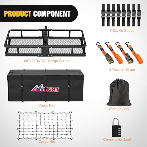 Image of Nilight 60 inch x 24 inchx 7.87 inch Folding Carrier Fits 2-Inch Receiver 500 Lbs Capacity Soft Waterproof Bag Net Ratchet Straps for SUV Pickup RV's Vans Cars
