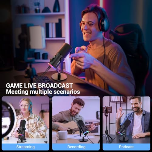 FDUCE Kit de micrófono para juegos USB/XLR, micrófono dinámico para PC para streaming de podcasting, kit de micrófono RGB para ordenador con soporte de mesa, botón de silencio y conector para - imagen 6