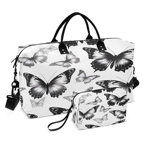 Travel Duffel Bag Large Weekender Overnight Bags for Women Men, Black White Butterflies Gym Bag with Toiletry Bag
