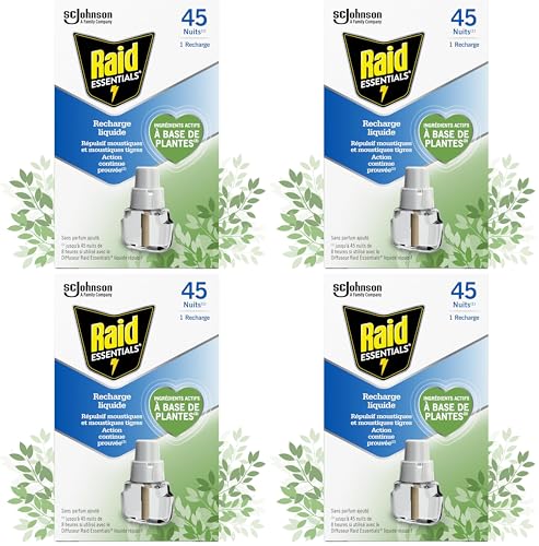 Raid Essentials Recharge Diffuseur Électrique Liquide - Répulsif Moustiques et Moustiques Tigres 45 Nuits - Sans Parfum Ajouté - 1 Recharge (Lot de 4)