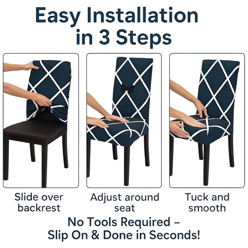 Image of Dining Chair Covers Set of 2, Stretchable Removable Washable Anti-Slip Universal Fit Printed Polyester Spandex Slipcovers (Blue Square)