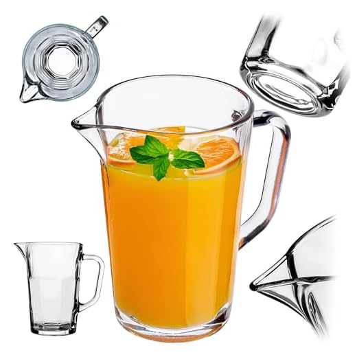 KADAX Krug 1L, Glaskanne, Glaskrug aus robustem Glas, Wasserkrug mit Auslauf und handlichem Griff, Glaskaraffe für kalte Getränke, Saft, Milch, Eistee, transparent (Tim)