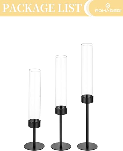 Miniatura 7 de Romadedi Candelabros negros Hurricane, portavelas cónico de metal, cilindro de vidrio alto a prueba de viento para interiores y exteriores, centro