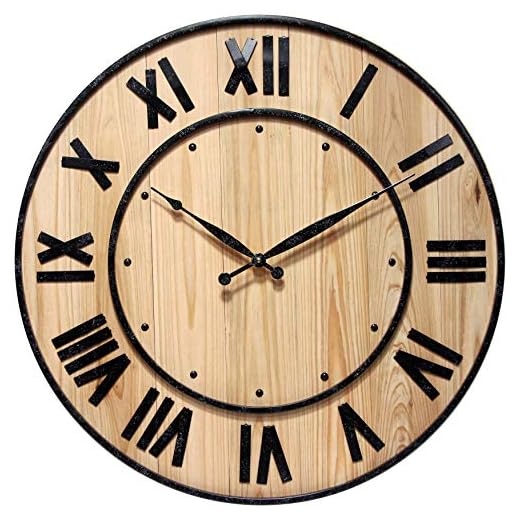 Infinity Instruments Wooden Barrel Wall Clock, Country Retro Farmhouse Style Elevates Any Room in The Home, 24 Inch, Natural Wood
