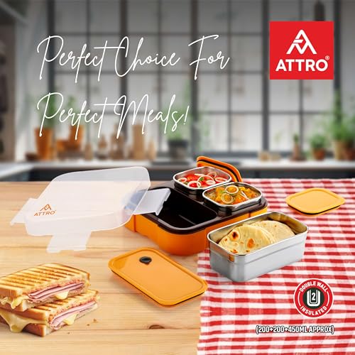 Image of ATTRO Admire 3 Compartment Stainless Steel Lunch Box BPA Free, Durable & Lightweight, Easy to Carry, Compact Design Ideal for School, Office, College & Travel-Tangy Orange- 800ml
