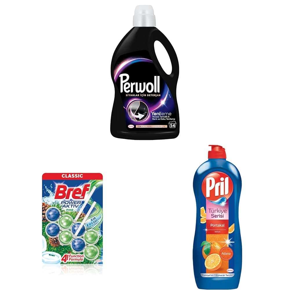 Perwoll Geliştirilmiş Siyah Sıvı Çamaşır Detarjanı 2970 ml + Bref WC Power Aktiv Çam Kokulu 2'li Klozet Temizleme Topları (1 x 2 Adet) + Pril Adana Portakalı Elde Yıkama Sıvı Bulaşık Deterjanı 675 gr