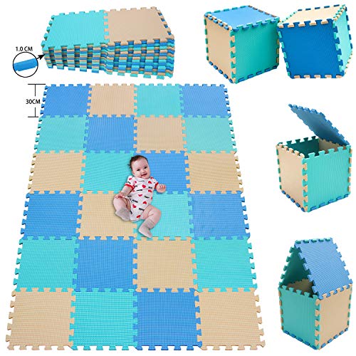 MSHEN 24 Piezas Alfombra Puzzle Bebe con Certificado CE y certificación EVA | Puzzle Suelo Bebe | Puede ser Lavado Goma eva,Tamaño 1.93cuadrado,azul-verde-beige-GHJg24