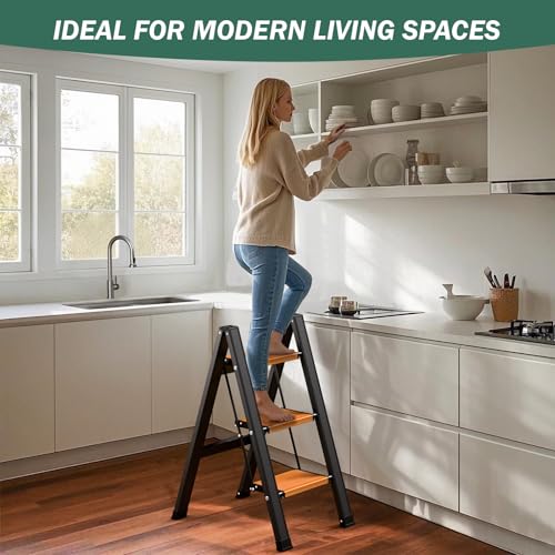 KULACO Trittleiter 3 Stufen Klappbar, Aluminium Klappleiter mit Rutschfesten Pedal, Tragbare Klapptritt bis 150 kg, stilvolle Leichte Haushaltsleiter, Multifunktionsleiter für Küche, Bad, Camping