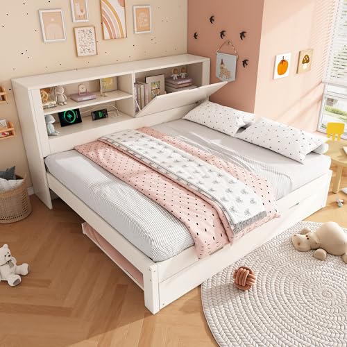 BXEYXE Sofá cama doble 140 × 190 cm con cama nido de 90 × 190 cm, marco de cama blanco con espacio de almacenamiento, compartimento abierto, espacio de almacenamiento plegable oculto, base de carga