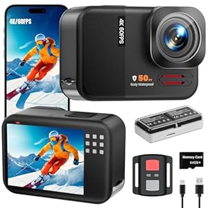 4K 60FPS 48MP WiFi Action Camera with Touch Screen, 50FT Underwater Waterproof Camera, No Case Needed, EIS Motorcycle Camera, 8X Zoom, 64GB Card, Remote Control, Batteries & Mounting Kits
