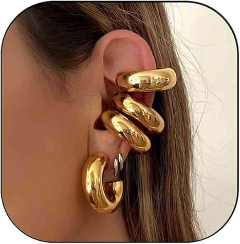 Chunky Gold Ear Cuff Earrings for Women Non Piercing,18K Gold Oversize Large Round Huggie Clip On Cartilage Wrap Cuff Earrings One Pack