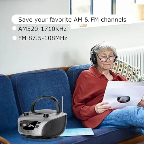 Image of LONPOO Portable CD Boombox -FM & AM Radio, CD Player, Bluetooth, USB, MP3, AUX,Portable, Built-in Stereo Speakers, Carrying Handle, LCD Display,Gray