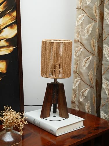 Image of Green Girgit Decorative Tri-Leg Stand Wooden Table Lamp with Dori Stripped Cylindrical Lamp Shade Bedside & Reading Night Lamp for Bedroom, Living Room & Home Decor | Warm Ambient Light
