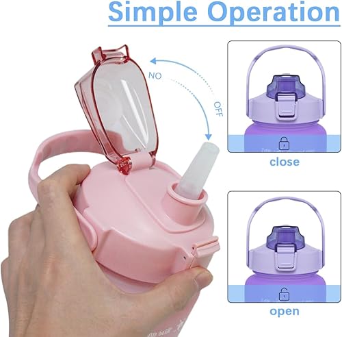 Miniatura 3 de Botella de agua de gran capacidad de 64 onzas con marcadores de tiempo motivacionales y pajilla, portátil, a prueba de fugas, sin BPA para fitness