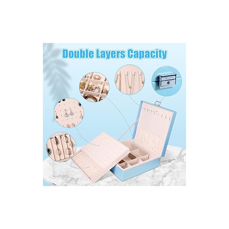 Allinside Jewelry Box Organizer for Ladies Girls, Double Layers PU Leather Jewelry Storage Case with Lock, Velvet Lining, Pearl Blue - Image 3