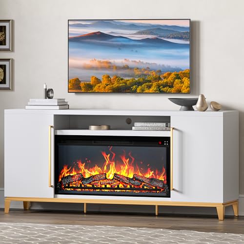 BELLEZE 68" TV Stand with 36" Electric Fireplace Heater with Sound, Entertainment Center for TVs Up to 75", Console Table with Storage Cabinet and Ope