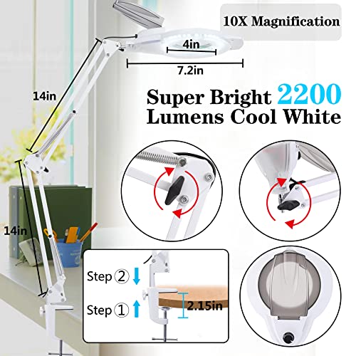 Kirkas 10X Led Magnifying Lamp With Clamp, 2,200 Lumens Dimmable Super Bright Daylight Magnifying Glass With Light And Stand, Adjustable Swivel Arm Magnifier Lamp For Reading Repair Crafts-White #TOP3