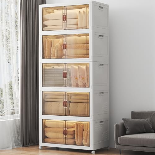 Image of UAMFURI Stackable Storage Bins with Lids, 900QT Lockable Storage Cabinet | Folding Storage Box with Doors and Wheels, Collapsible Plastic Drawers for Home, Garage, Office