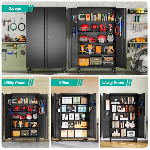 Image of Wide & Deep Metal Storage Cabinet with Wheels,Tall Rolling Garage Storage Cabinet with Lock,Black Metal Cabinets with Shelves and Pegboards,Tool Locker for Garage,Home,Office,43''Wx 20''Dx71 inchH
