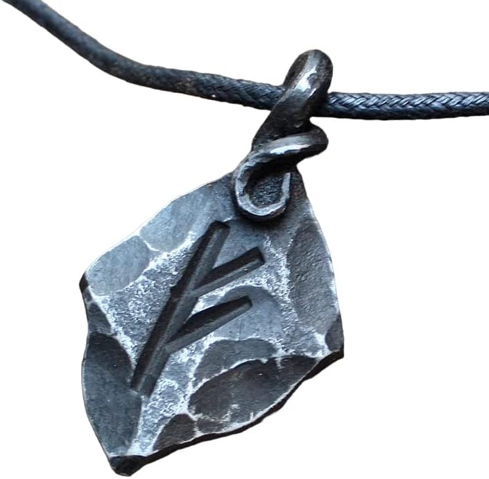 NauticalMart Forged Iron Fehu Feoh Fe Rune Amulet Runic Nordic Pendant Talisman Necklace Viking Jewelry Gift