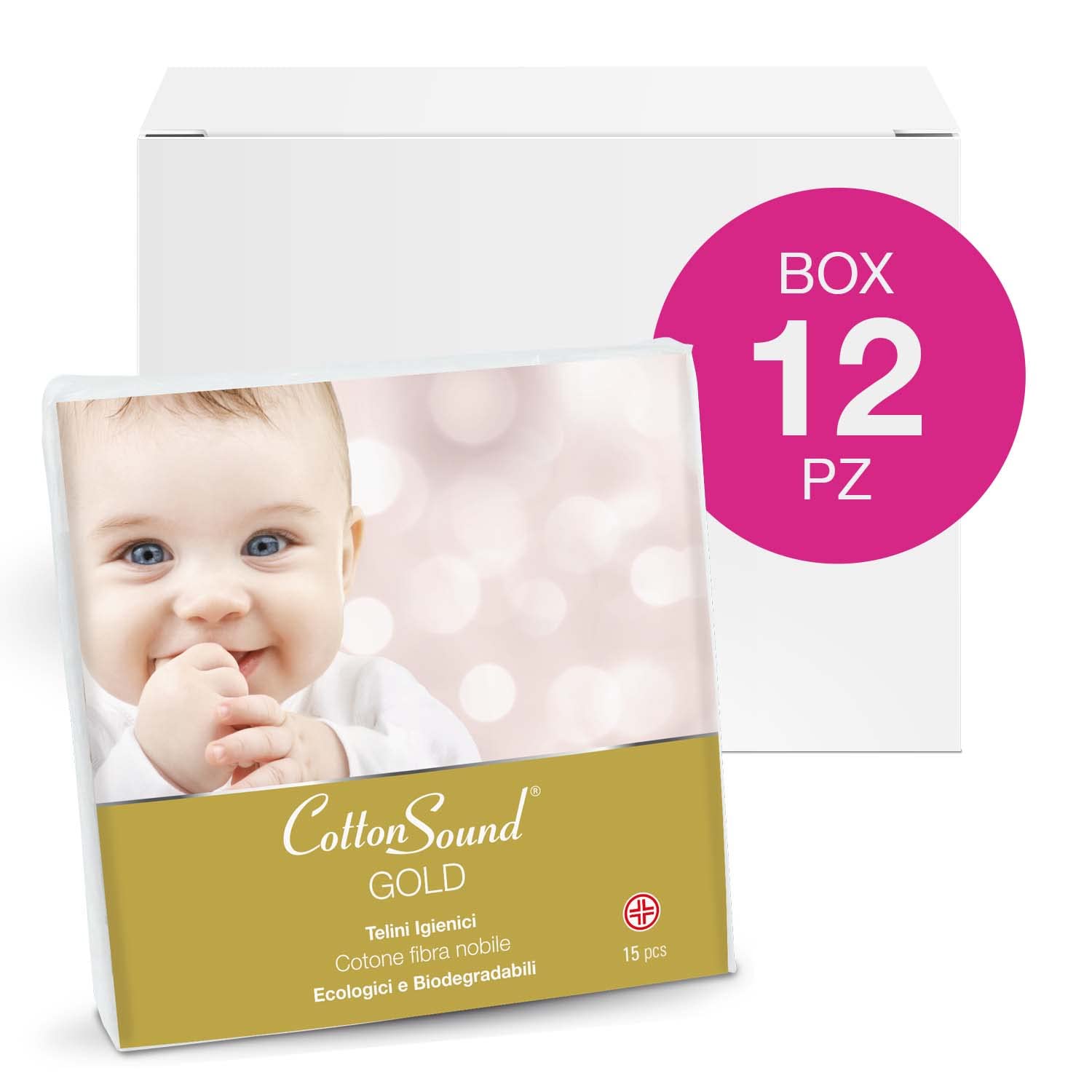 COTTON SOUND GOLD BABY 12 opakowań x 15 sztuk, higieniczne ręczniki dla dzieci 40 x 80 cm w 100% bawełna hydrofilowa, hipoalergiczna i biodegradowalna, testowane dermatologicznie, Made in Italy
