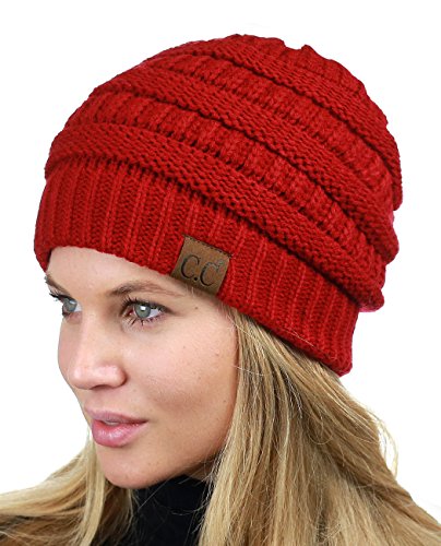 C.c Unisex Chunky Soft Stretch Cable Knit Warm Fuzzy Lined Skully Beanie, Red #TOP1