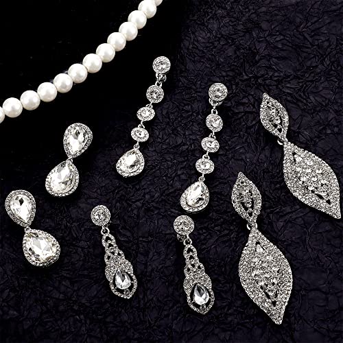 Jstyle 4 Pairs Clip on Earrings for Women Rhinestone Crystal Wedding Earrings Elegant Silver Teardrop Drop Dangle Clip on Earrings for Bride Bridesmaid Non Pierced Earrings Classic Style4