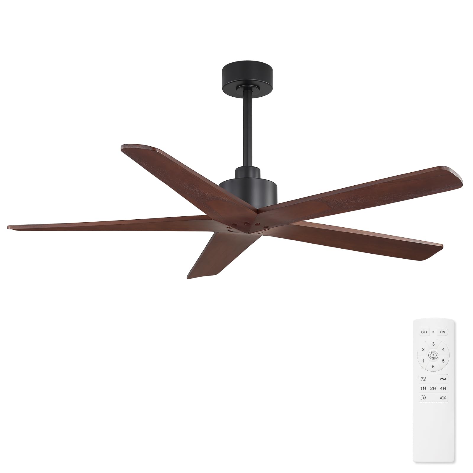 WINGBO 54 Inch Ceiling Fan without Lights, 5 Carved Solid Wood Blades, 7-Speed Noiseless Reversible DC Motor, Indoor Outdoor Ceiling Fan No Light for Bedroom Living Room Patio, Black and Walnut