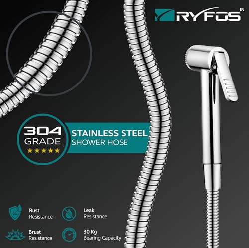 Image of India's 1st Lifetime Support Brand, R1020HF, ABS, Health Faucet | Jet Spray Gun for Toilet with SS-304 Grade 1-1.25 Mtr Grade Flexible Hose Pipe & Wall Hook | Chrome Finish