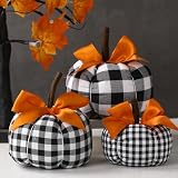 Beeveer 3 Pcs Assorted Sizes Fall Pumpkins Decor with Orange Ribbon Thanksgiving Buffalo Plaid Black and White Decorative Pumpkins for Farmhouse Fall Halloween Thanksgiving Mantel Table Decor