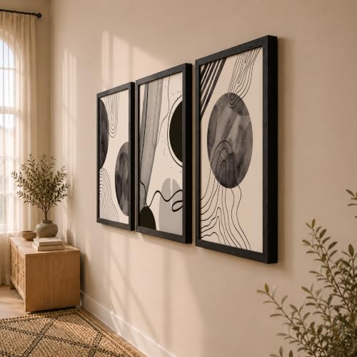 Image of NoWorries Set of 3 Black & White Abstract Line Art Paintings | Framed Wall Decor for Home & Office - Modern Pattern Line Art Prints, (Art-18, 17x25inch)
