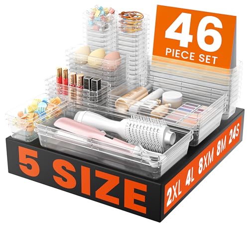 Image of A-LuGei 【46PCS & 5Sizes Clear Drawer Organizer,【Hold 277 Items】 Makeup Organizer, Bathroom Organizers and Storage, Organization and Storage, Organizer Bins for Office Vanity Kitchen Tool Trays