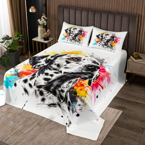 Erosebridal Dalmatian Dog Coverlet Set 3D Animal Bedspread Set Black White Spotted Animal Quilt Set Colorful Tie Dye Bed Set Queen Size for Kids Boys Girls Bedroom Decor