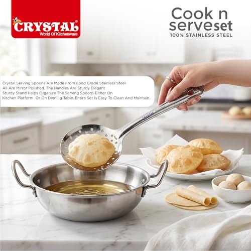 Image of Crystal Stainless Steel Cooking & Serving Spoon Set | 5 Pcs Set | Ladle,Oval Server,Skimmer, Spatula and Stand