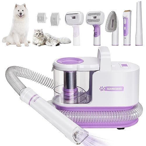 Maquina Cortar Pelo Perros con Aspirador, Cortapelos, Kit de Peluquería para Mascotas 5 en 1, Eliminador de Pelos de Baja Sonoridad, Máquina de Corte Bajo Ruido para Perros y Gatos (Morado)