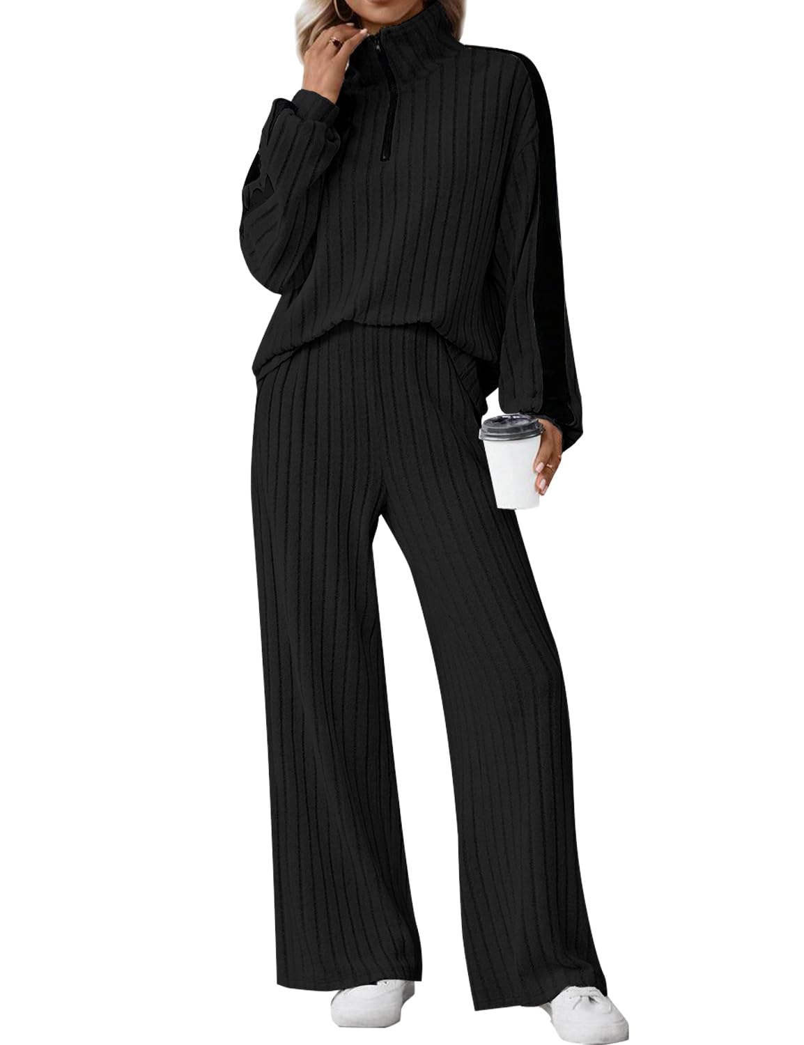 JUSTFASHIONNOW Womens 2 Piece Outfits Ribbed Knit Lounge Sets Cozy Half Zip Sweatsuit Sets Wide Leg Jogger Tracksuits
