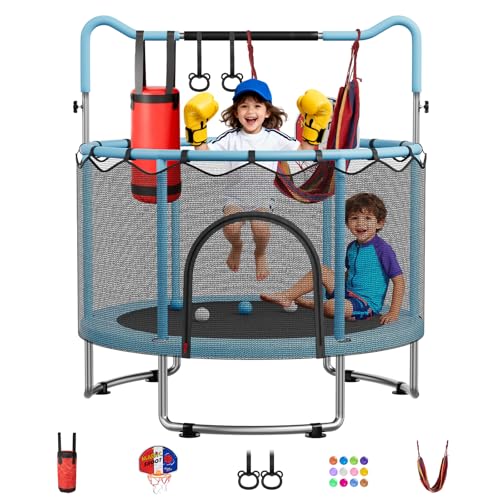Trampolín para niños, mini cama elástica para interiores de 5 pies con red, columpio, aro de baloncesto, barra de gimnasia, regalos de cumpleaños para niños y niñas de 3 a 12 años (azul, 59 x 59 x 63