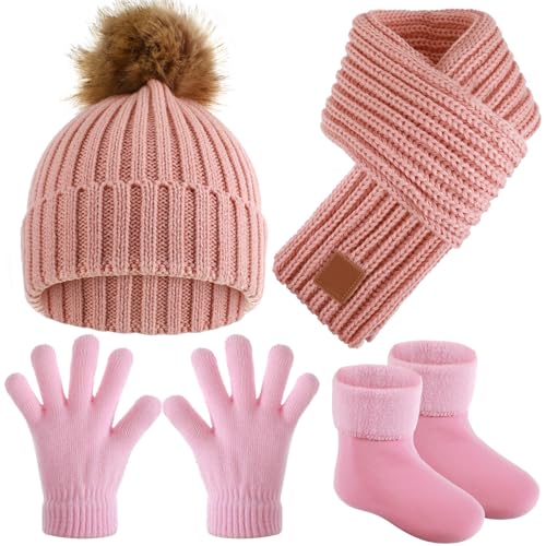 4 Pieces Kids Beanie Hat Scarf Gloves Socks Set Knit Winter Warm Set for Toddler Boys Girls
