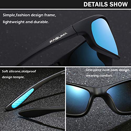 Image of FAGUMA Polarized Sports Sunglasses For Men Cycling Driving Fishing UV400 Protection, Matte Black Frame /Blue Mirrored Lens, Standard