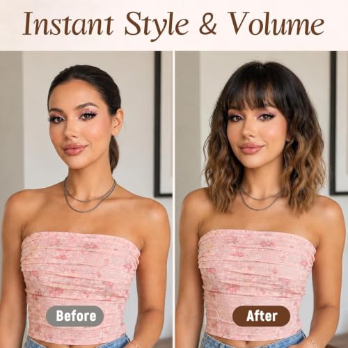 Image of Nnzes Wig with Bangs for Women Short Bob Wavy Charming Synthetic Dark Blue Wigs with Natural Shoulder Length Curly Heat Resistant Hair for Daily Party Use