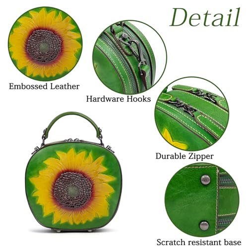 Genuine Leather Vintage Bag for Women: Cowhide Leather Crossbody Purse - Sunflower Embossed Handbag4