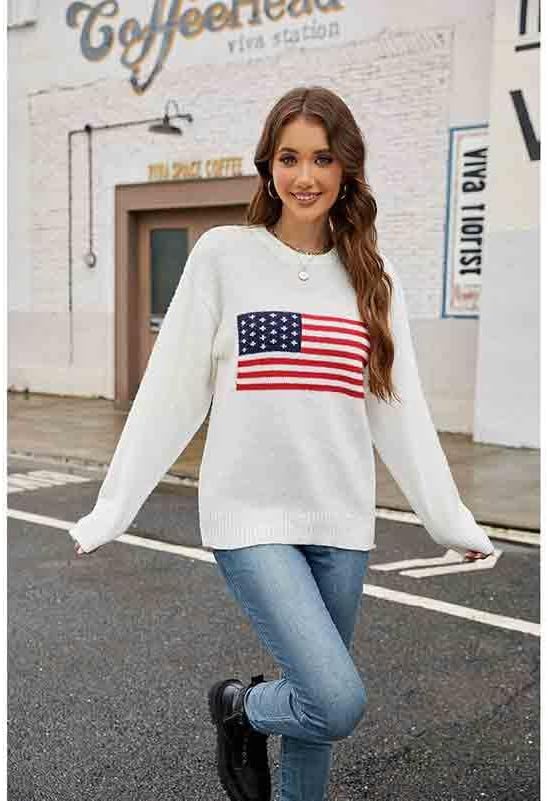 Women's American Flag Sweater Top Long Sleeved Round Neck Casual Knit Loose Pullover top - Image 4