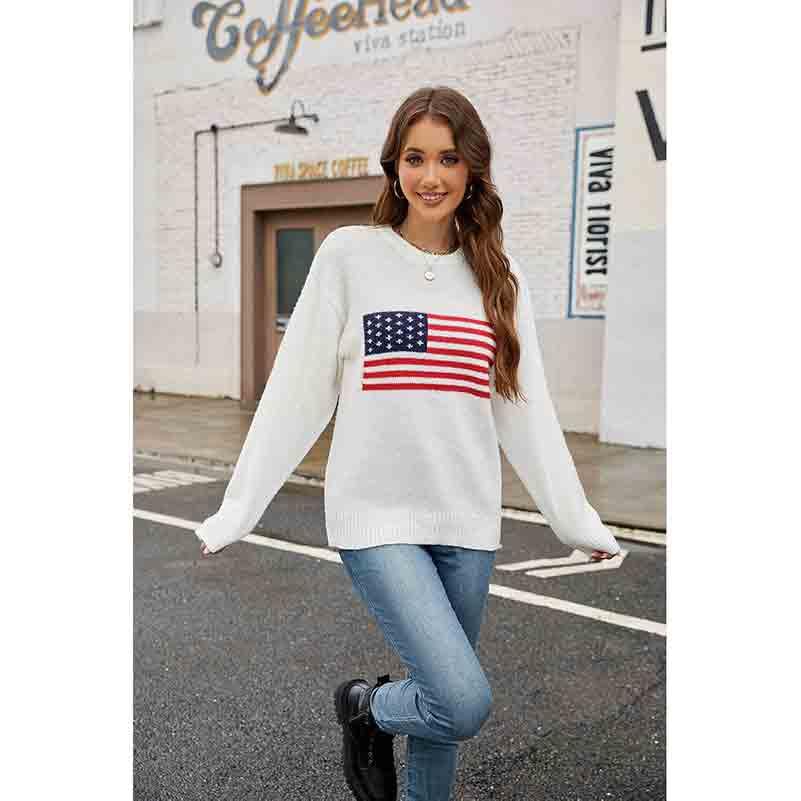 Women's American Flag Sweater Top Long Sleeved Round Neck Casual Knit Loose Pullover top4