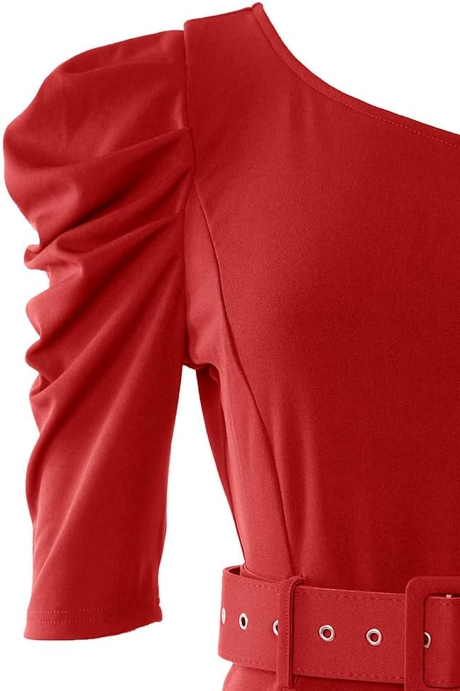 Women Sexy One Shoulder Bodycon Dress Short Sleeve Homecoming Dress Belted Side Slit Party Cocktail Dresses - Image 8