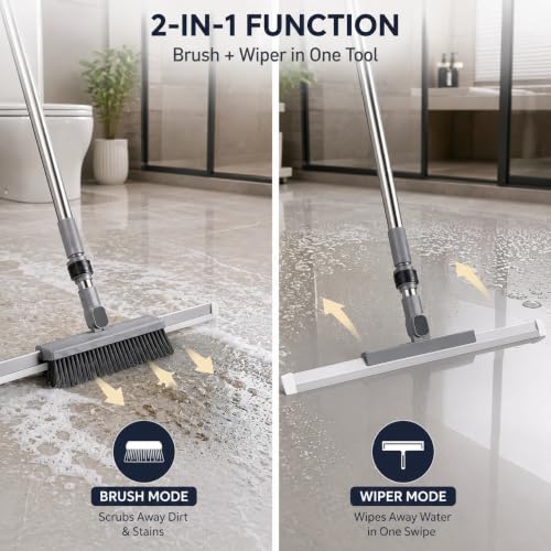 Image of Vasukie 2-in-1 Floor Scrub Brush, Adjustable Stainless Steel Long Handle, Broom for Floor Cleaning, Wet /Dry Multi-Surface Wiper for Bathroom, Glass, Pet Hair, and Concrete (Grey)